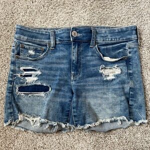American Eagle Outfitters Distressed Blue Stretch Denim Midi Shorts Size 8